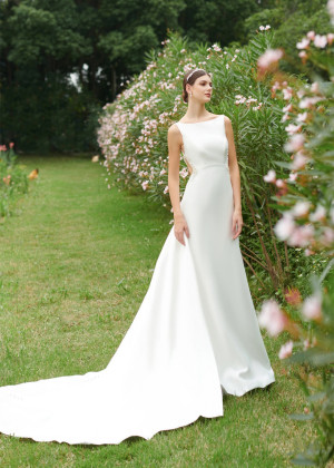 Beaded Bateau Neck Ivory Satin Cutout Wedding Dress